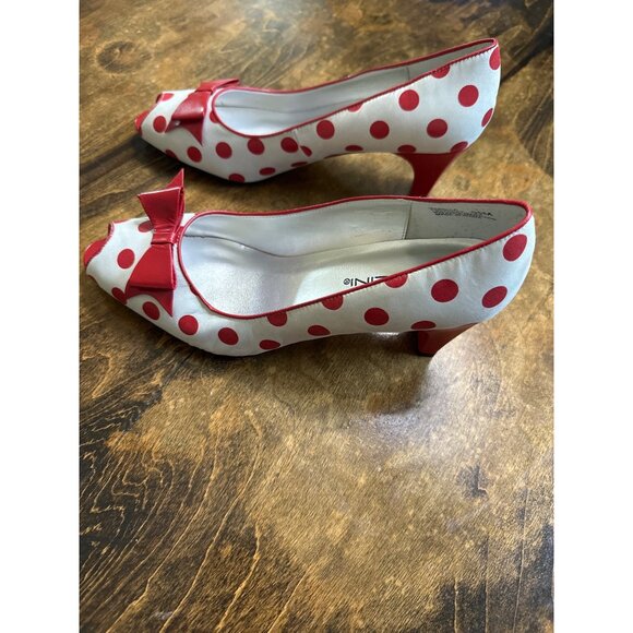 Red White Polka Dot Leather Peep Toe 2.5in Heels Bellini Bow  7 Retro Coquette - Picture 4 of 14